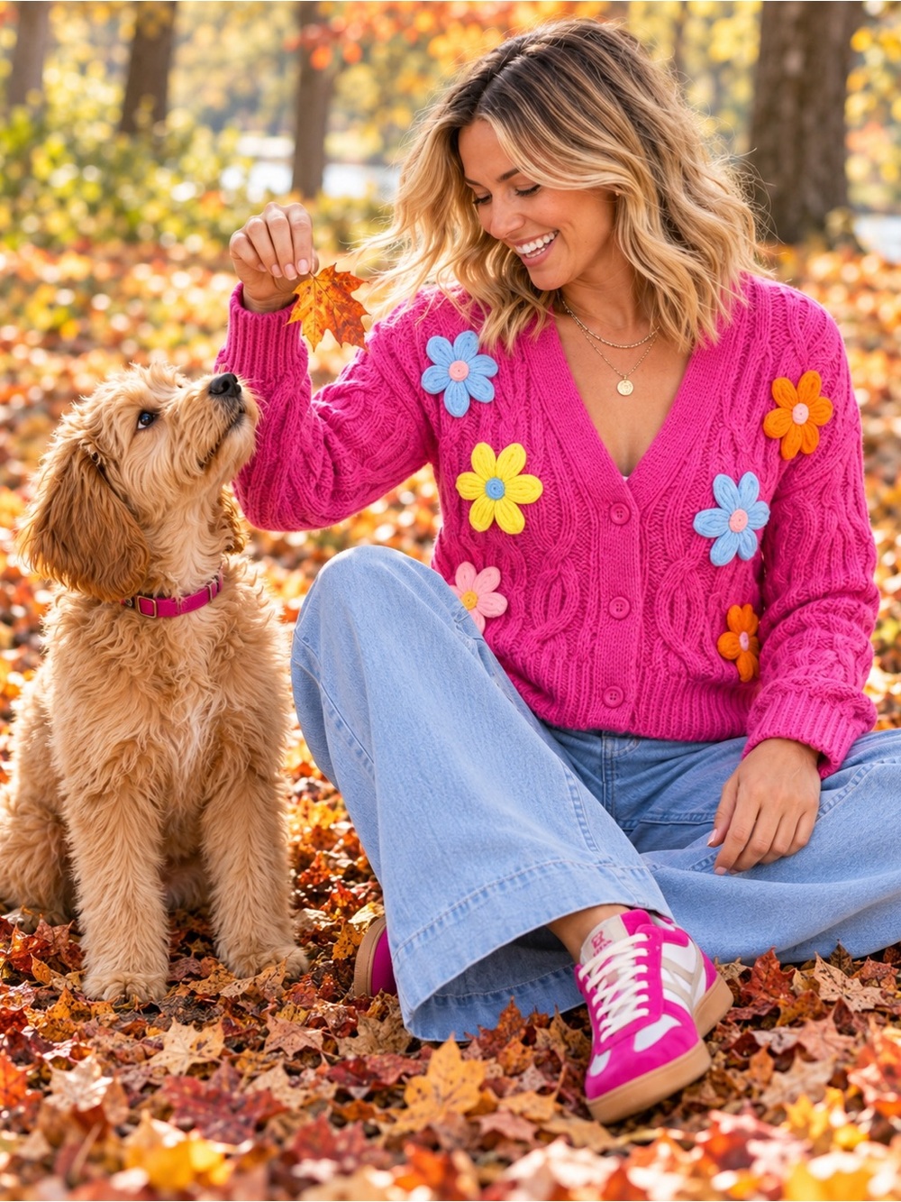NWT Very J Pink Button Cardi w/ Handmade Flower Appliqués